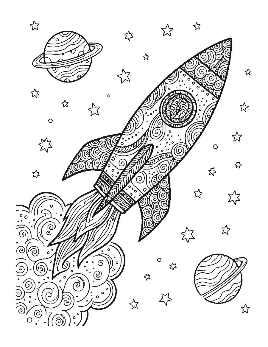 Line drawing of a rocket and planets filled with doodle patterns