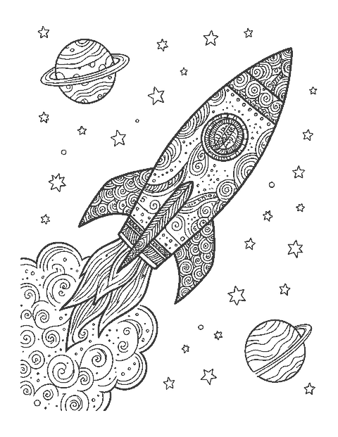 Line drawing of a rocket and planets filled with doodle patterns
