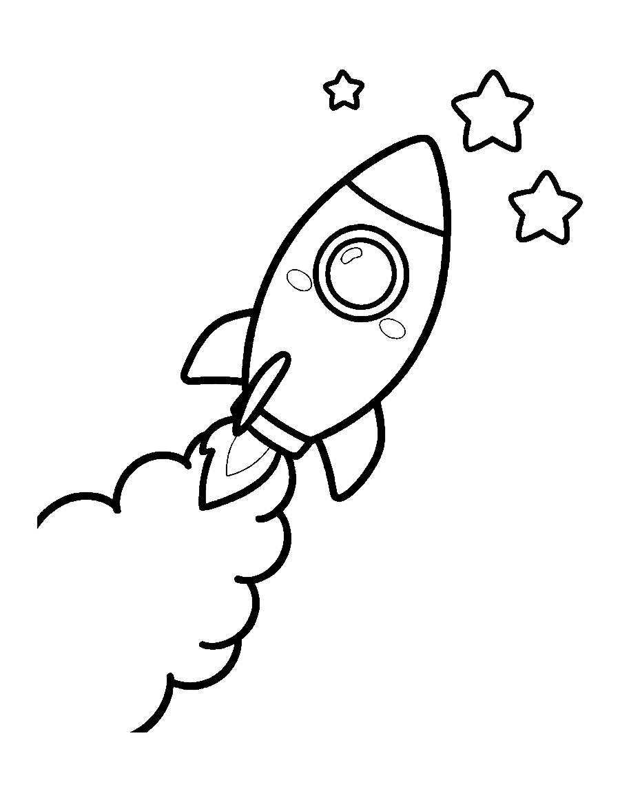 Line drawing of a smiling kawaii rocket zooming upward with puffy exhaust clouds