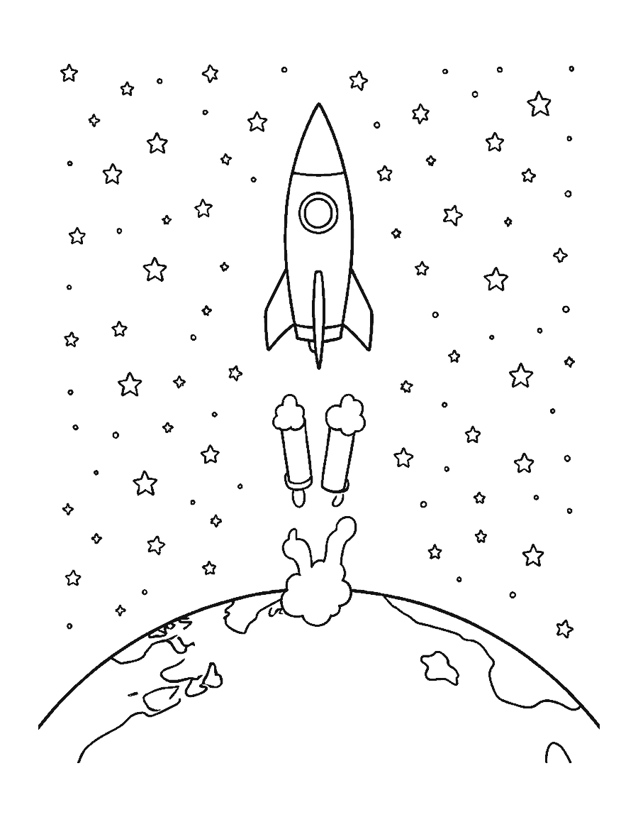 Line drawing of a rocket dropping its first stage high above Earth