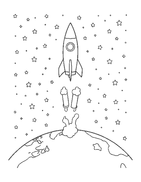 Line drawing of a rocket dropping its first stage high above Earth