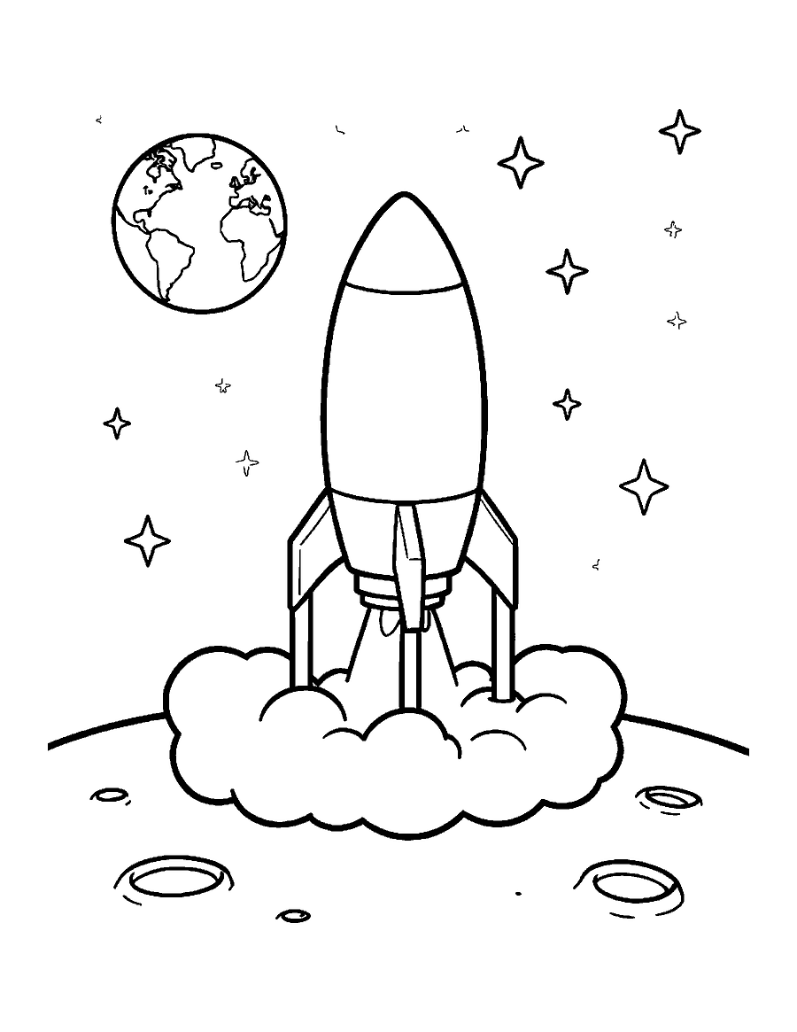 Line drawing of a rocket with landing legs touching down on a cratered moon