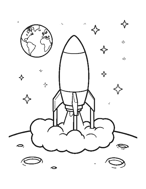 Line drawing of a rocket with landing legs touching down on a cratered moon