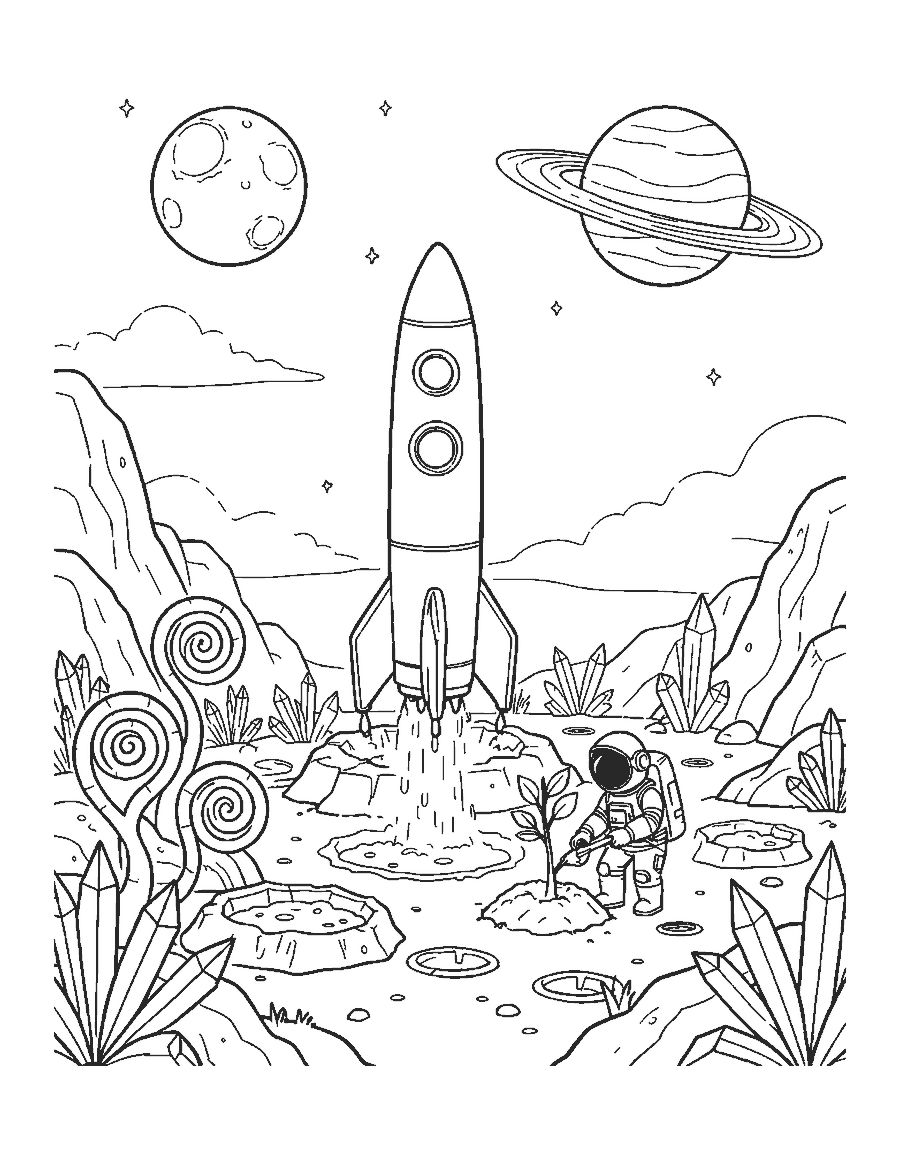 Line drawing of a rocket on an alien planet with an astronaut planting a sapling