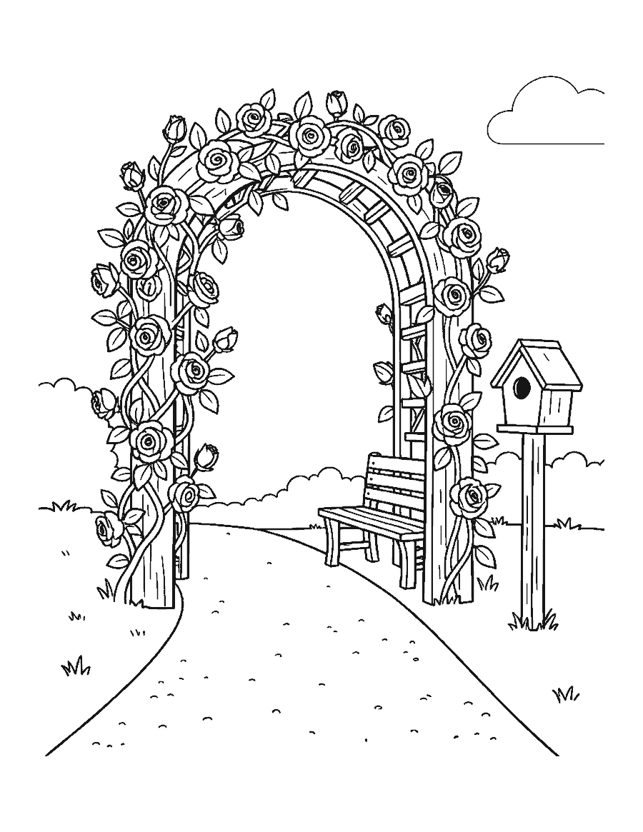 Line drawing of climbing roses on a garden arch over a path with a bench and birdhouse