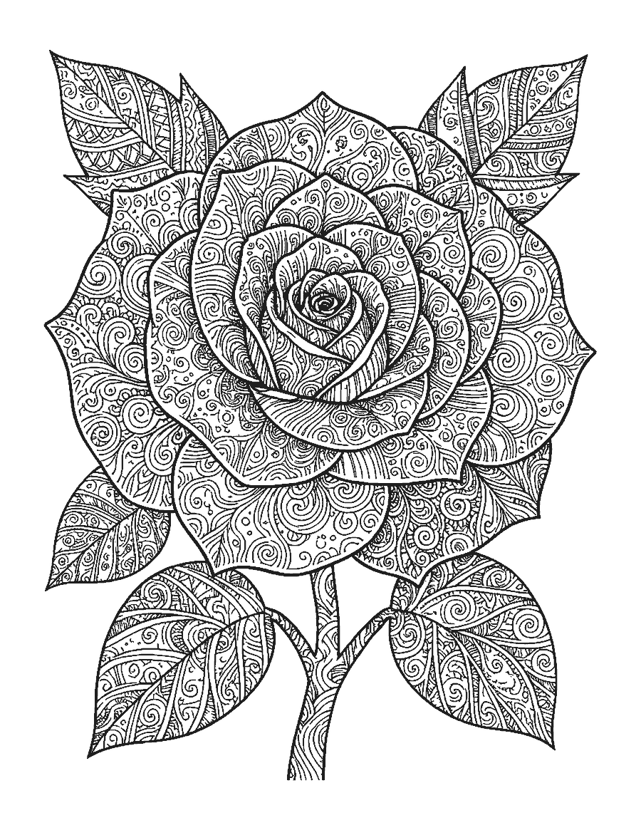 Line drawing of a large rose with each petal filled with a different doodle pattern