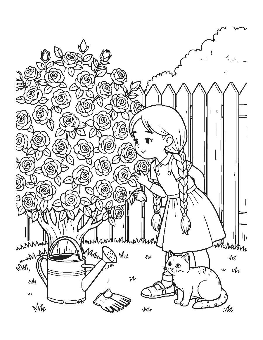 Line drawing of a girl smelling roses on a large bush with a cat and watering can