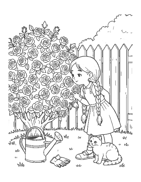 Line drawing of a girl smelling roses on a large bush with a cat and watering can