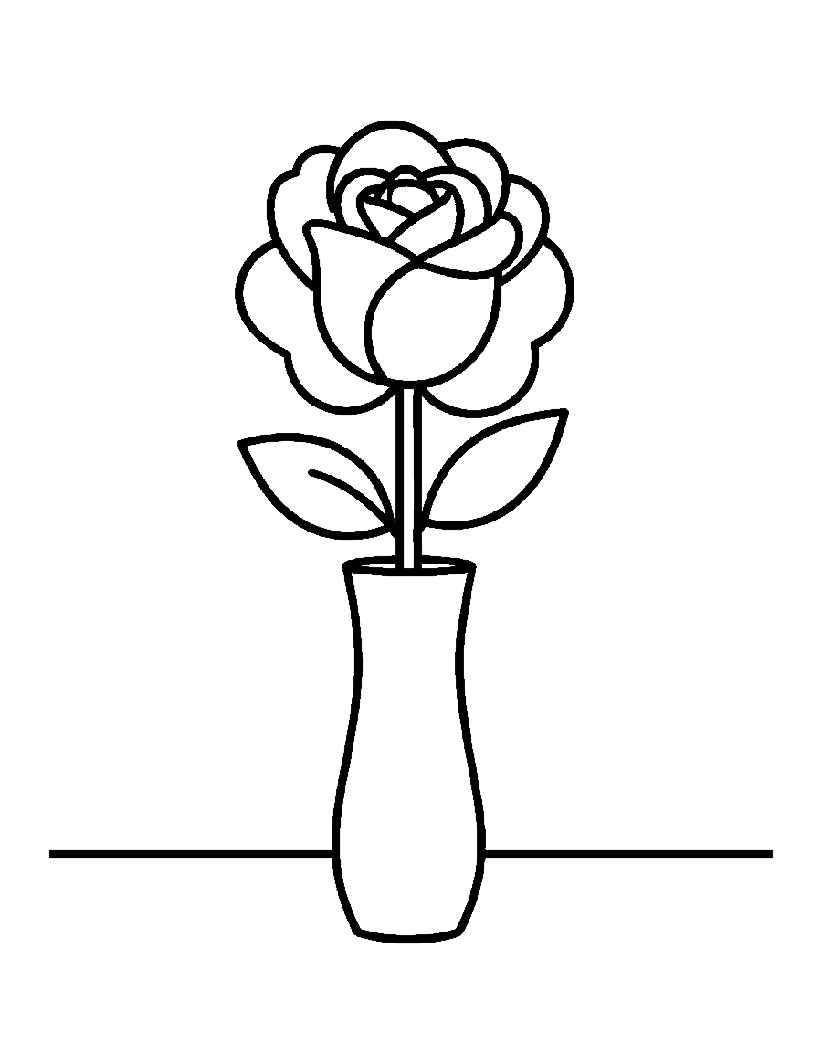 Line drawing of one open rose standing in a tall slim vase