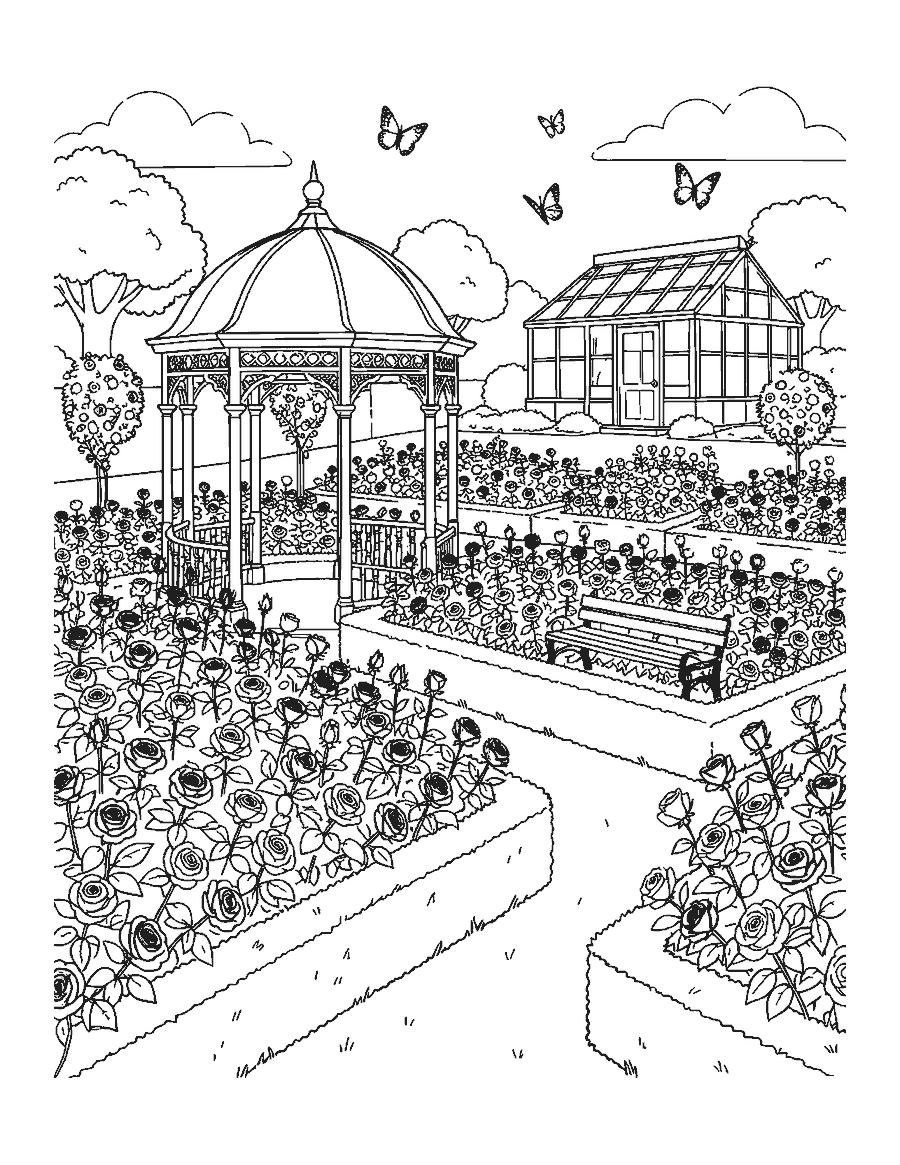 Line drawing of a rose garden with blooming bushes around a gazebo and a curved bench
