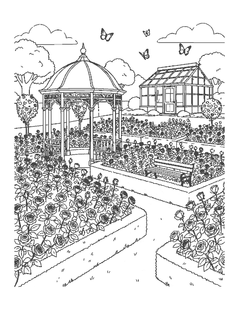 Line drawing of a rose garden with blooming bushes around a gazebo and a curved bench