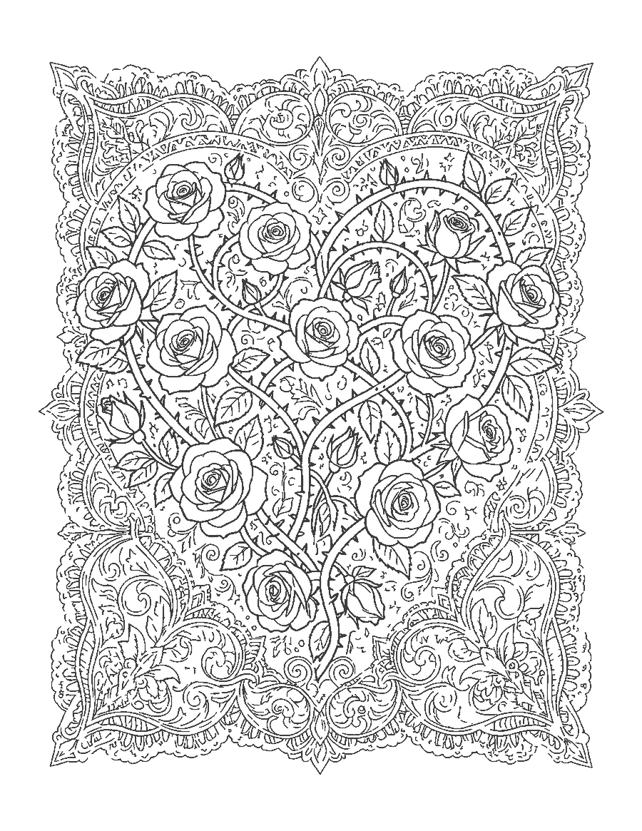 Line drawing of rose vines forming a heart inside a delicate lace and filigree border