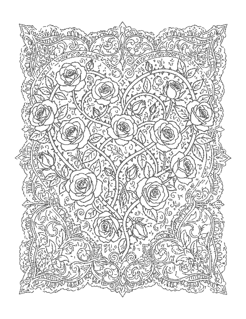 Line drawing of rose vines forming a heart inside a delicate lace and filigree border