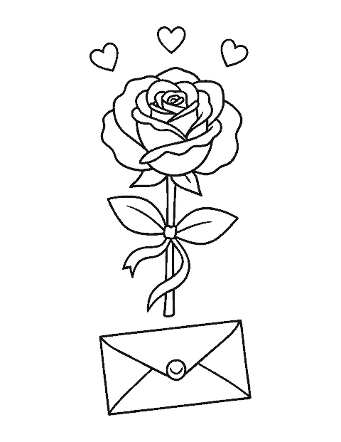 Line drawing of a large rose with a ribbon, floating hearts and a heart-shaped gift box