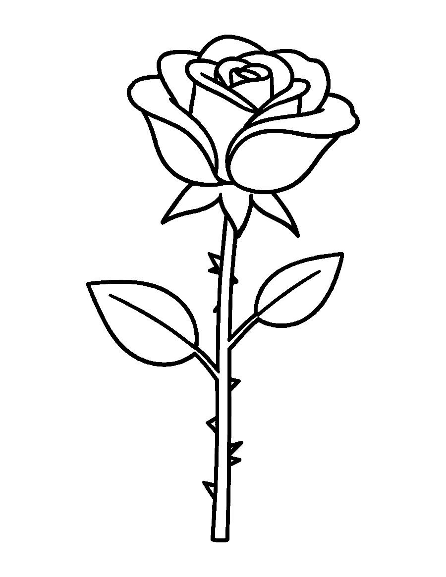 Line drawing of a single rose with layered petals on a long stem with two leaves