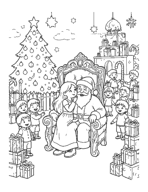 Line drawing of a girl whispering to Santa while children wait in line