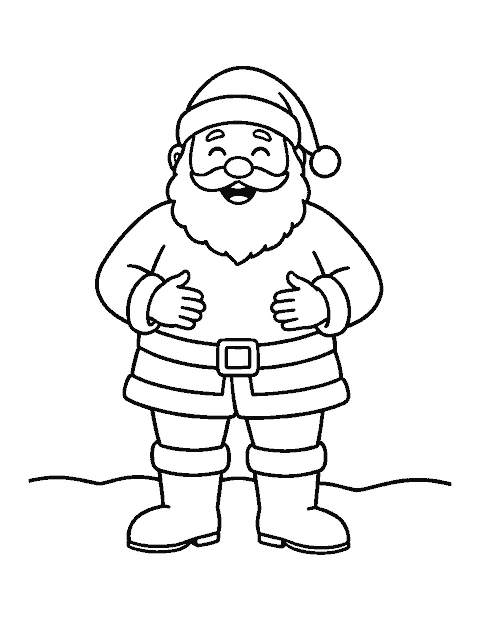 Line drawing of Santa Claus laughing with both hands on his round belly