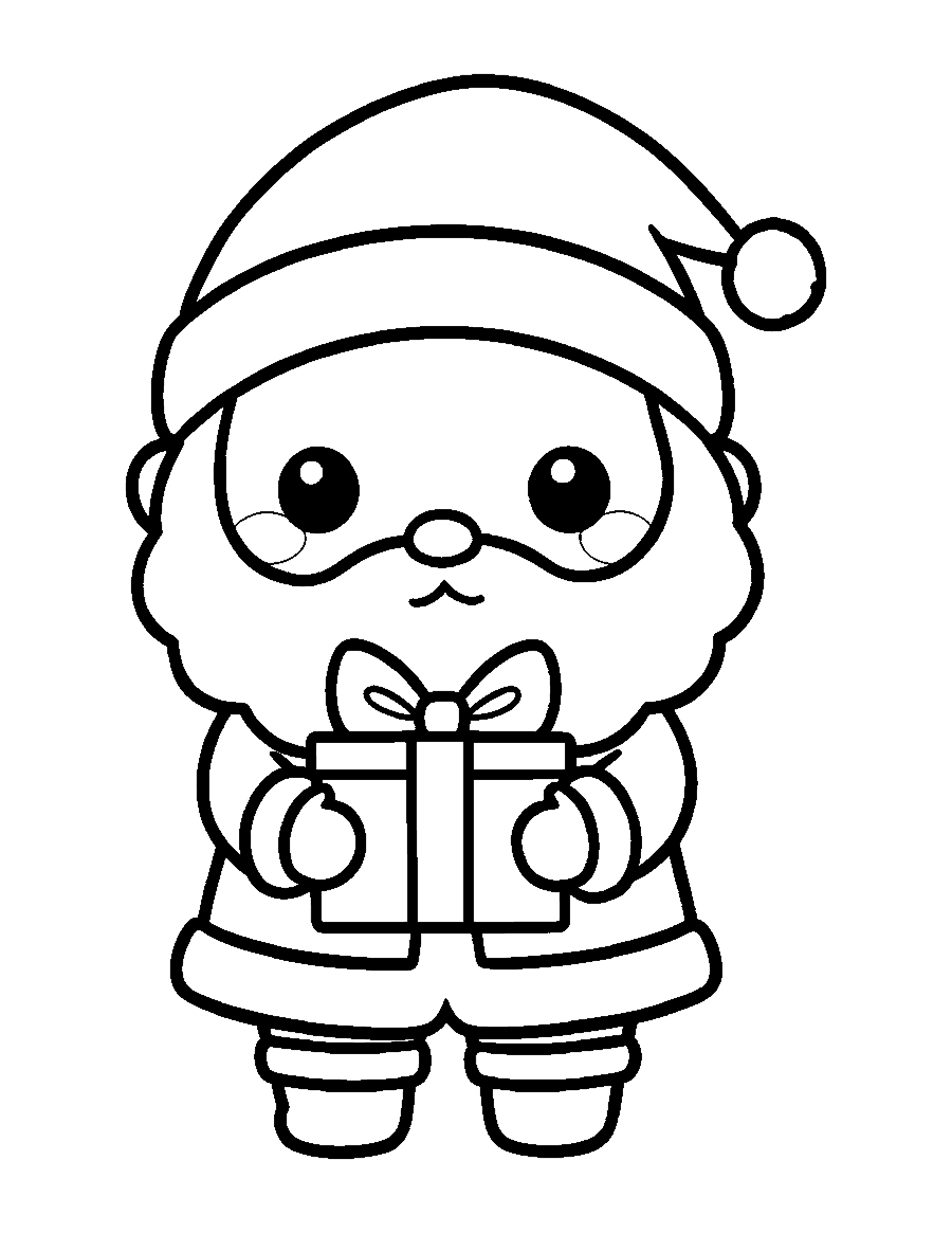 Line drawing of a cute chibi Santa holding a wrapped present with a big bow