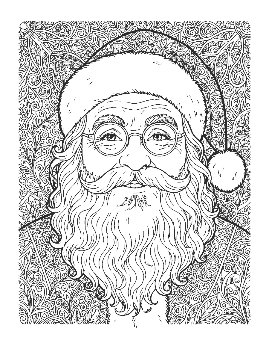 Line drawing of a realistic Santa Claus portrait with spectacles and a long curly beard