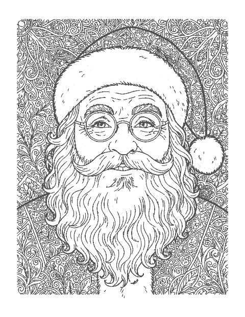 Line drawing of a realistic Santa Claus portrait with spectacles and a long curly beard