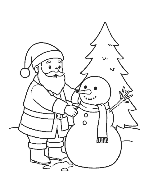Line drawing of Santa building a snowman with a carrot nose beside a pine tree