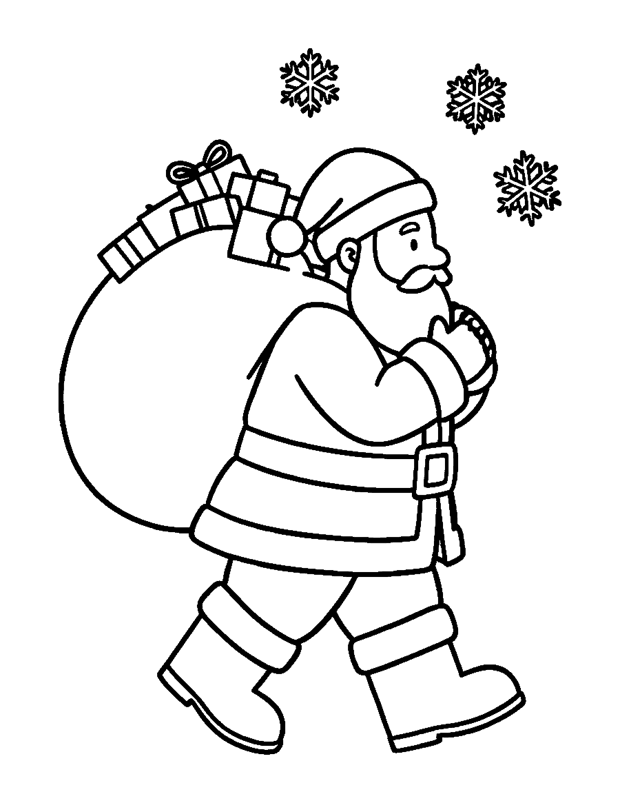 Line drawing of Santa walking with a big sack of presents over his shoulder