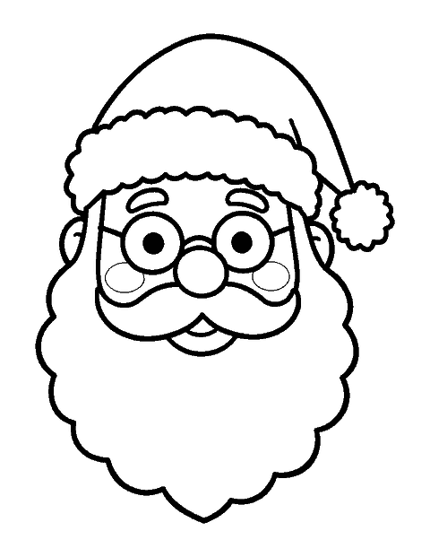 Line drawing close-up of Santa's smiling face, curly beard and hat