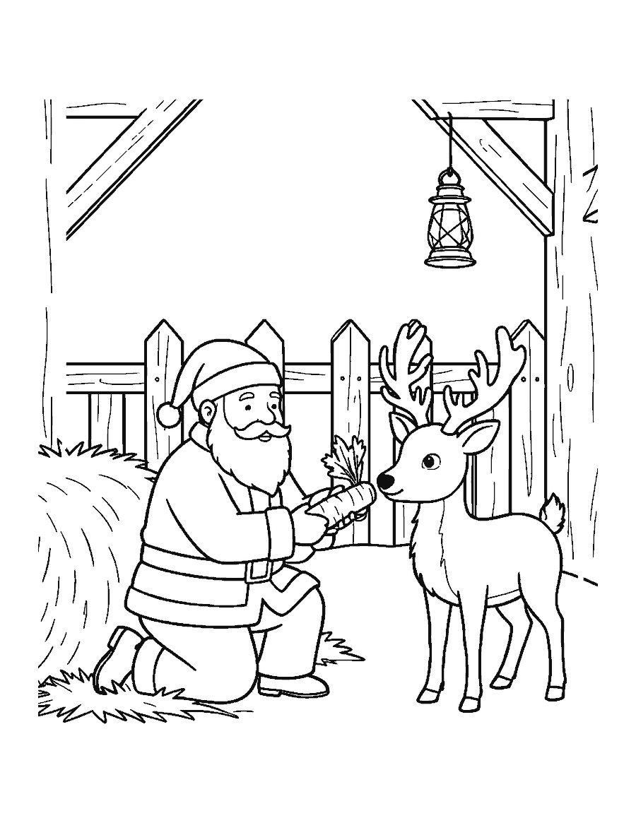 Line drawing of Santa feeding a carrot to a young reindeer by a fence