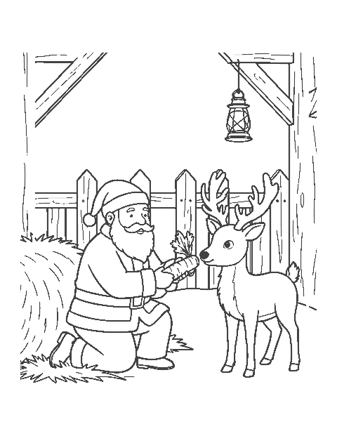 Line drawing of Santa feeding a carrot to a young reindeer by a fence