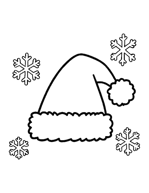 Line drawing of a Santa hat with a fluffy cuff and a big pom-pom, with three snowflakes