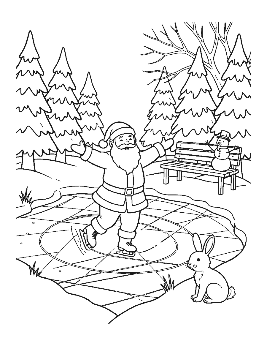 Line drawing of Santa ice skating on an icy pond with a snowman, a bench and snowy pines