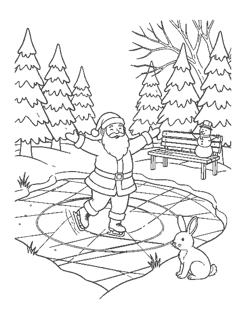 Line drawing of Santa ice skating on an icy pond with a snowman, a bench and snowy pines