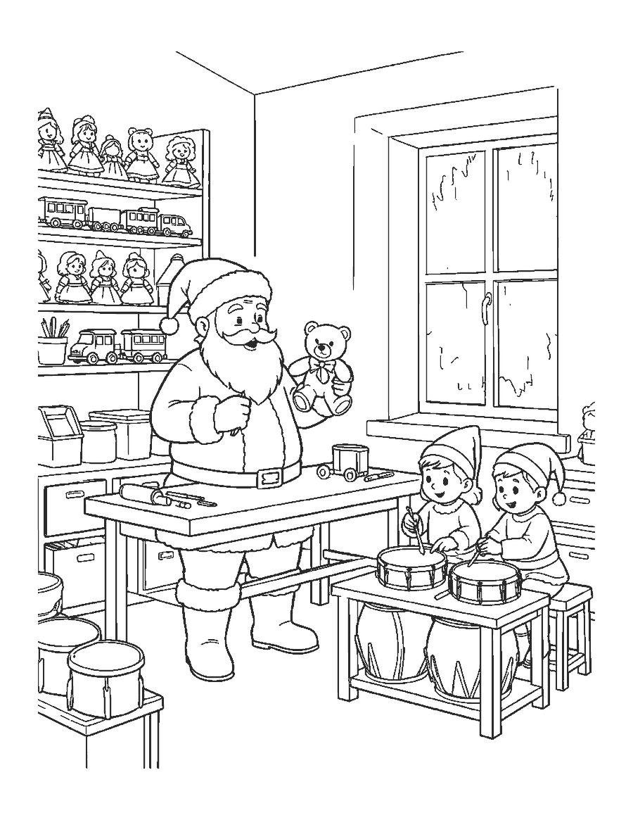 Line drawing of Santa holding up a teddy bear while two elves paint toy drums in his workshop