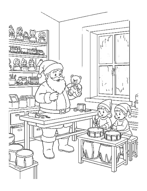 Line drawing of Santa holding up a teddy bear while two elves paint toy drums in his workshop