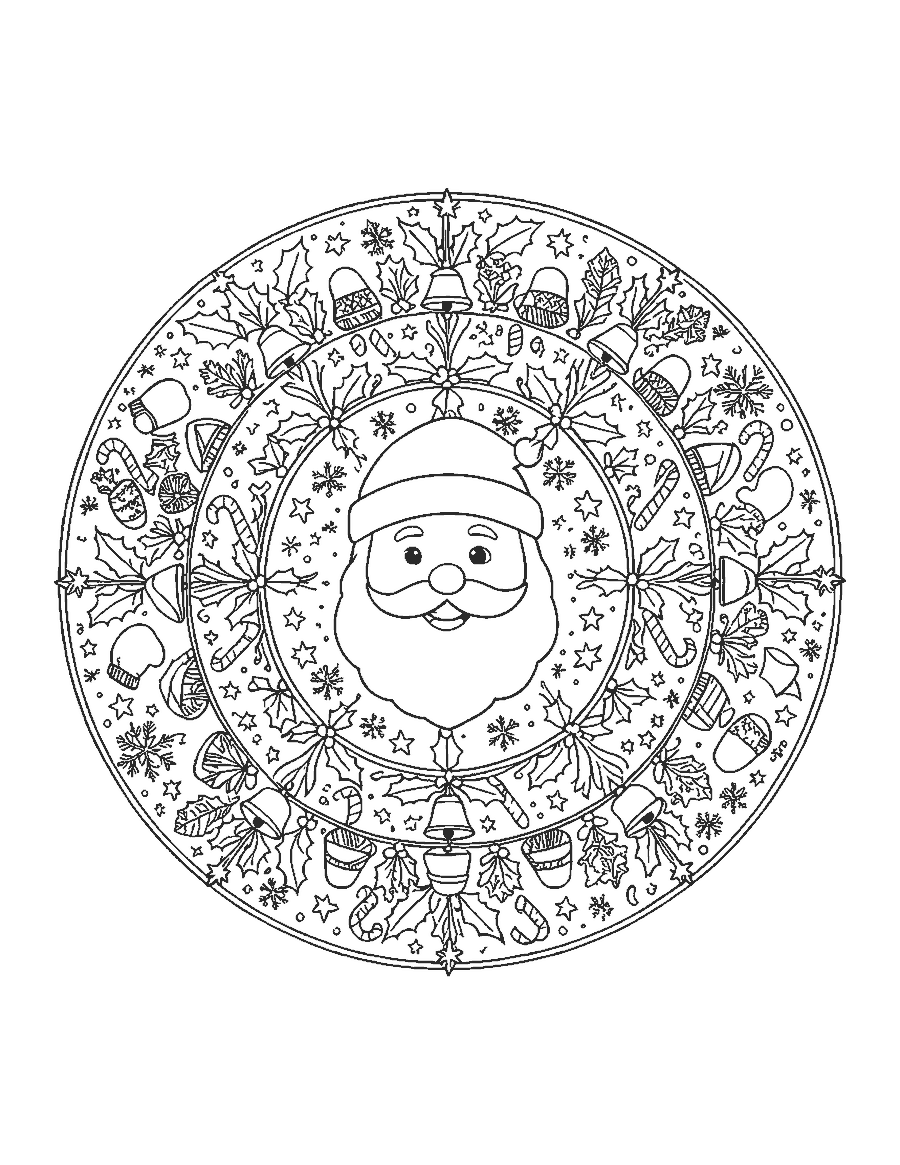 Line drawing of a mandala with Santa's face at the center and rings of bells, holly and candy canes