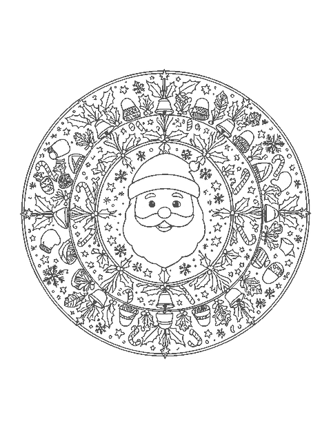 Line drawing of a mandala with Santa's face at the center and rings of bells, holly and candy canes