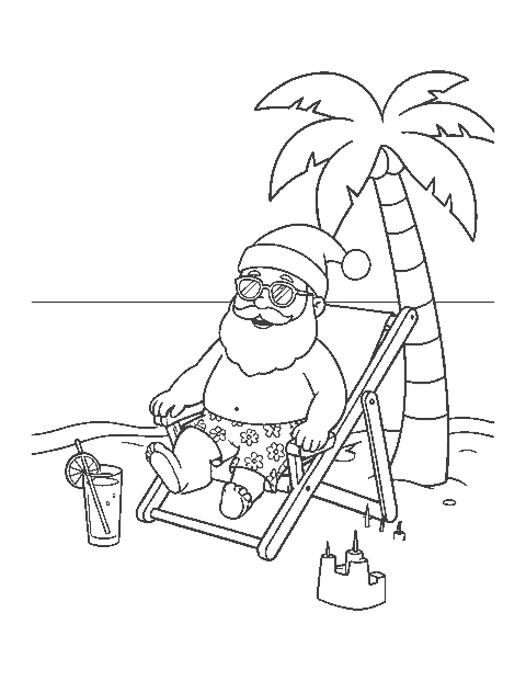 Line drawing of Santa in sunglasses and shorts relaxing in a beach chair under a palm tree