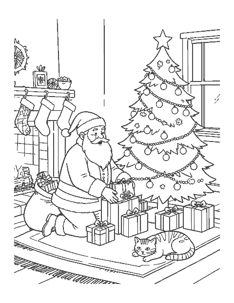 Line drawing of Santa placing presents under a Christmas tree beside a fireplace and a sleeping cat