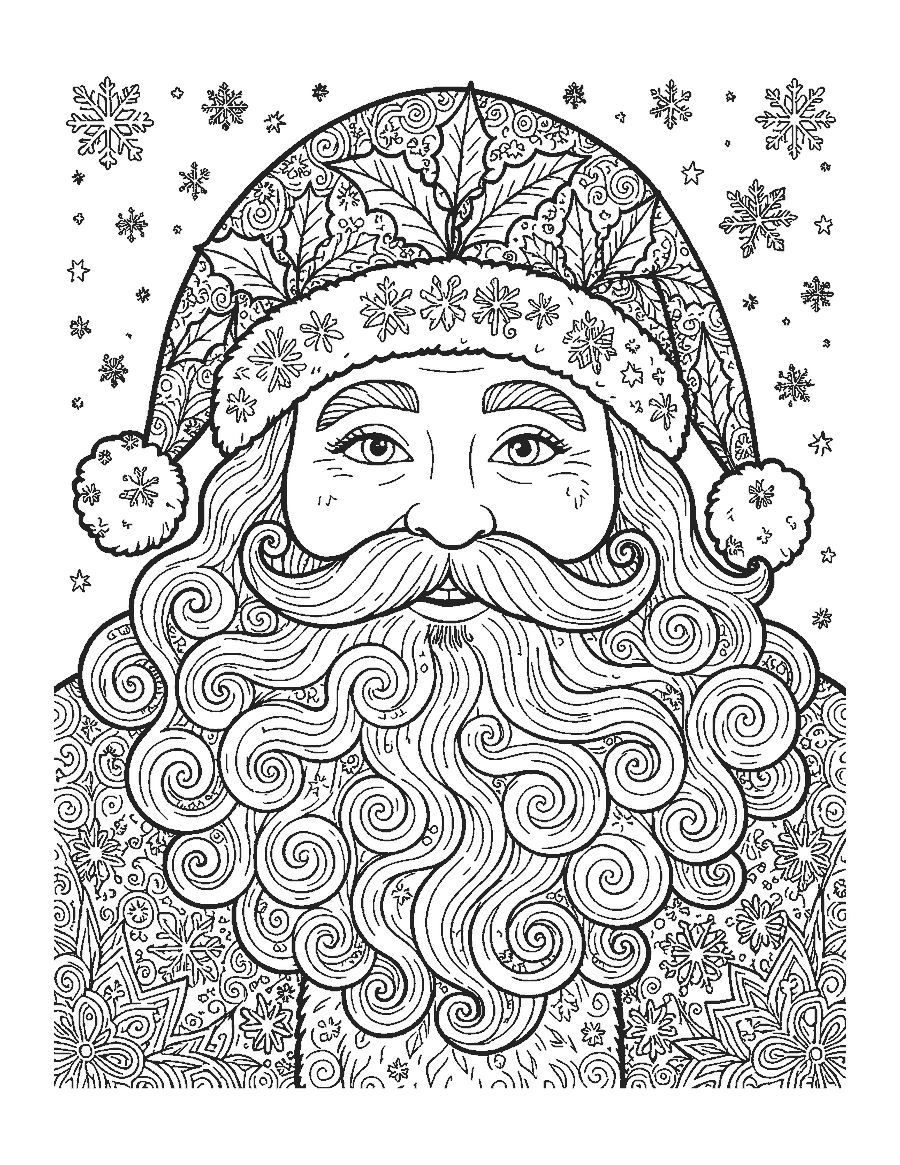 Line drawing of Santa's face with a beard of swirling doodle patterns