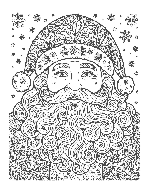 Line drawing of Santa's face with a beard of swirling doodle patterns