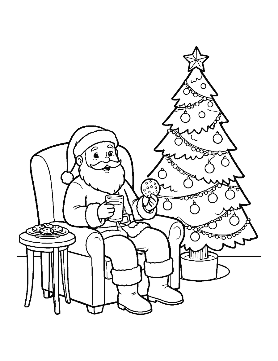 Line drawing of Santa in an armchair with milk and cookies by a tree