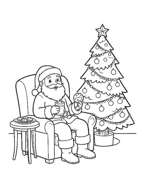 Line drawing of Santa in an armchair with milk and cookies by a tree