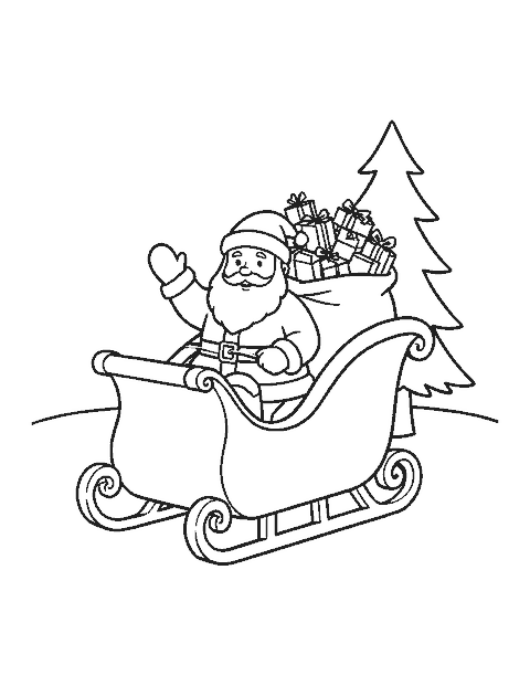 Line drawing of Santa waving from his sleigh with a sack of presents beside a pine tree