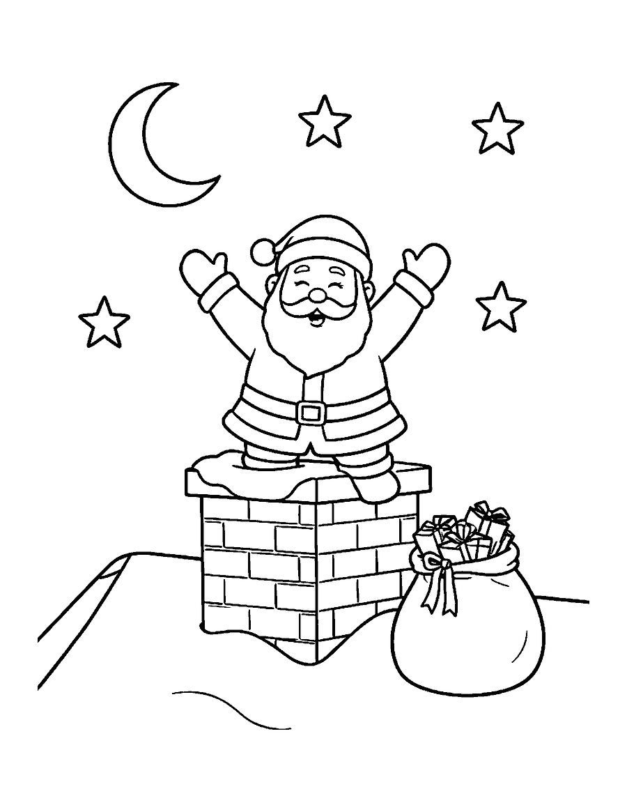 Line drawing of Santa halfway down a chimney on a snowy roof under a moon