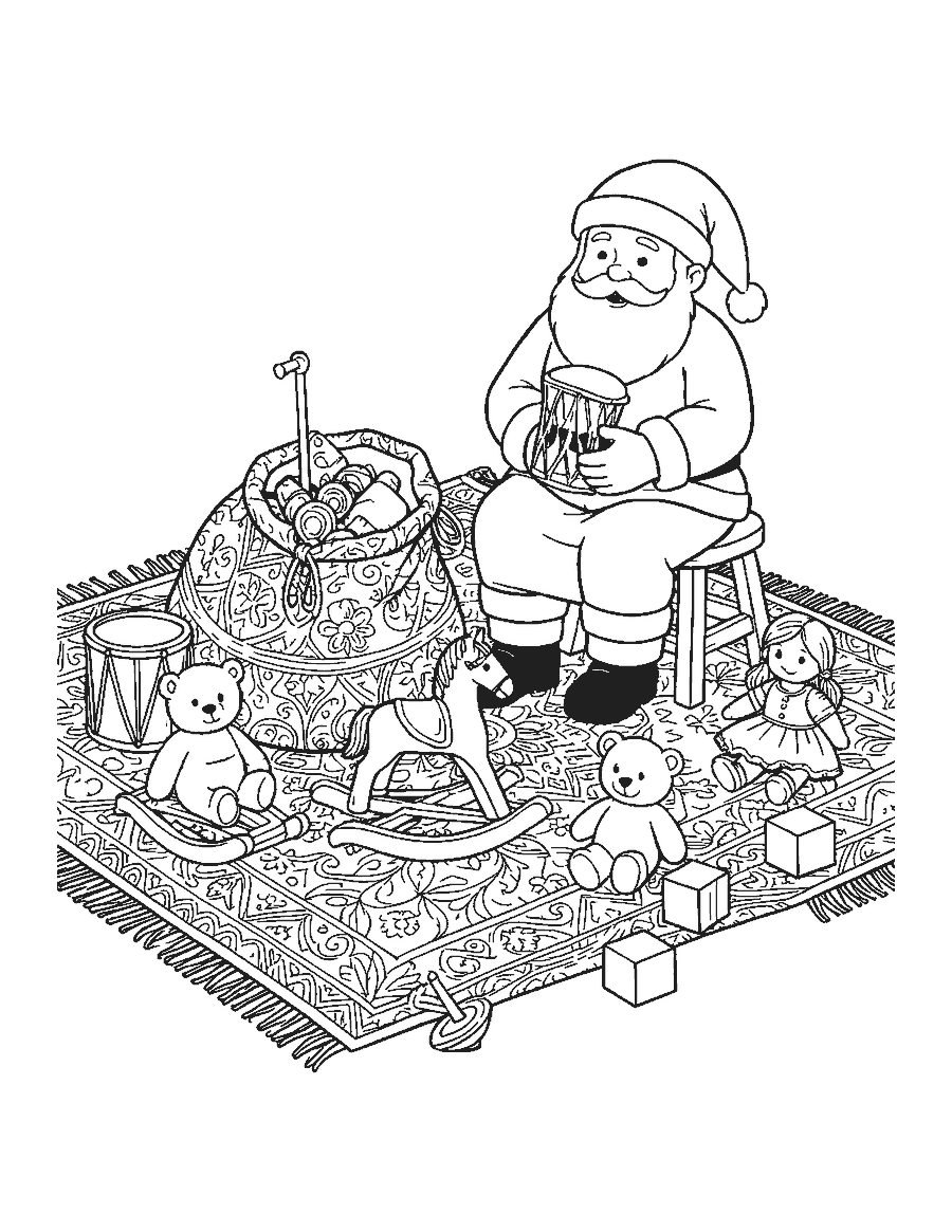 Line drawing of Santa beside his sack with wooden toys spilling across a patterned rug