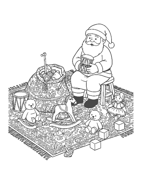 Line drawing of Santa beside his sack with wooden toys spilling across a patterned rug