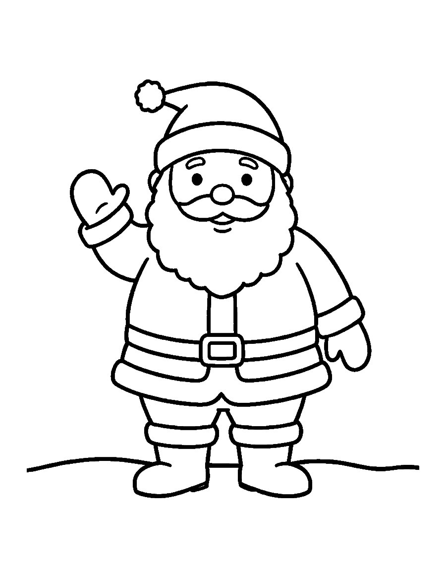 Line drawing of Santa Claus standing and waving with one mittened hand
