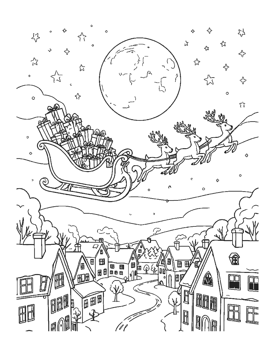 Line drawing of Santa's sleigh and reindeer flying over snowy rooftops at night