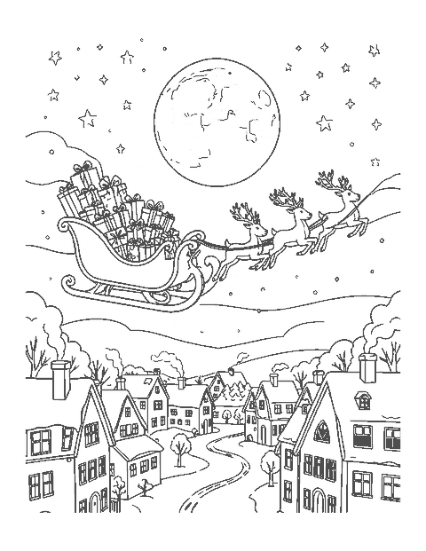 Line drawing of Santa's sleigh and reindeer flying over snowy rooftops at night