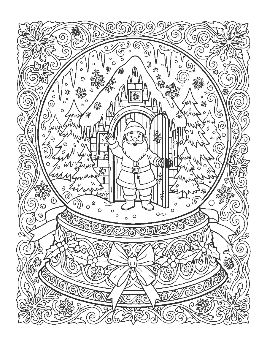 Line drawing of a snow globe holding Santa's snowy cottage on a carved base